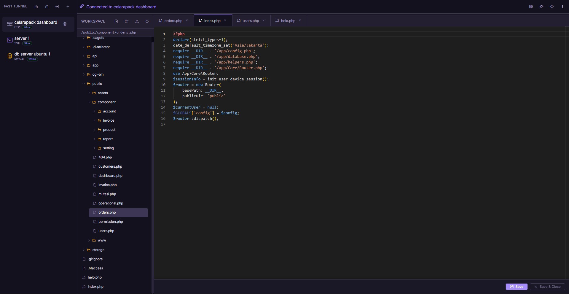 Fast Tunnel — self-hosted web client dashboard showing FTP file manager, MySQL database client, and SSH terminal in a browser